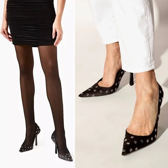 Alexander Wang Delphine Black Satin Crystal Logo Stiletto Pumps Heels 4” 39.5 - Picture 13 of 16